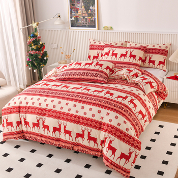 Комплект спално бельо от три части с коледна еленова шарка – Jinli, реактивно печатане и багрене, бръшинг, 90 GSM, премиум