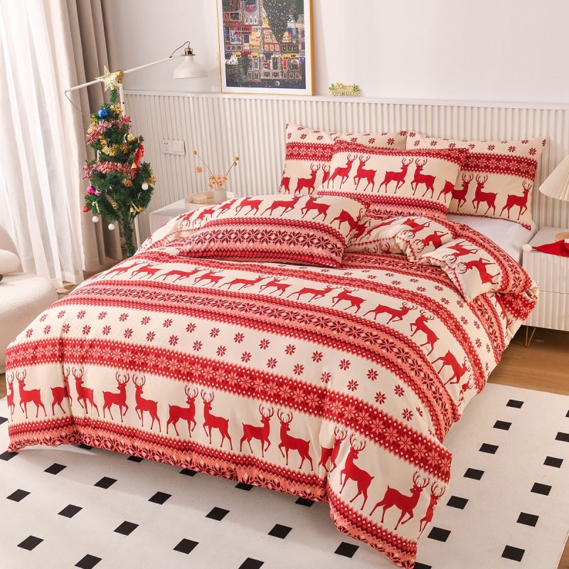 Комплект спално бельо от три части с коледна еленова шарка – Jinli, реактивно печатане и багрене, бръшинг, 90 GSM, премиум