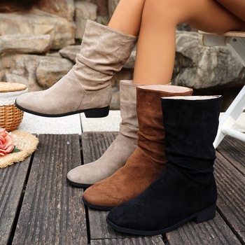 Дамски ботуши до глезена от велур, кръгъл нос, нисък ток, casual стил
