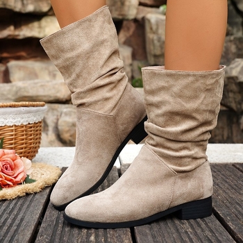 Дамски ботуши до глезена от велур, кръгъл нос, нисък ток, casual стил