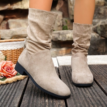 Дамски ботуши до глезена от велур, кръгъл нос, нисък ток, casual стил