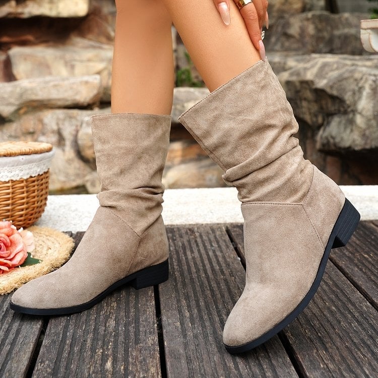 Дамски ботуши до глезена от велур, кръгъл нос, нисък ток, casual стил