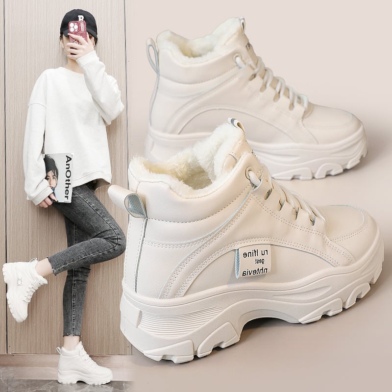 Dámske zimné tenisky s vysokým vrškom, PU vršok, gumová podrážka, umelá plyšová výstelka, zateplené pre teplo, vhodné pre beh a bežné nosenie (Zima 2024).