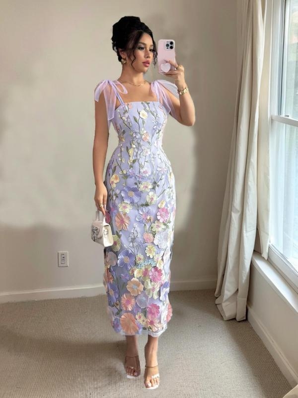 Dámske šaty bez rukávov s kvetinovou výšivkou a viazaním na plecia, elegantný štýl, materiál: králičia srsť, jar 2025, pre teenagerov.