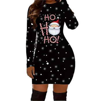 Плетена рокля с коледен принт – прилепнала кройка, дълъг ръкав, кръгло деколте, средна дължина