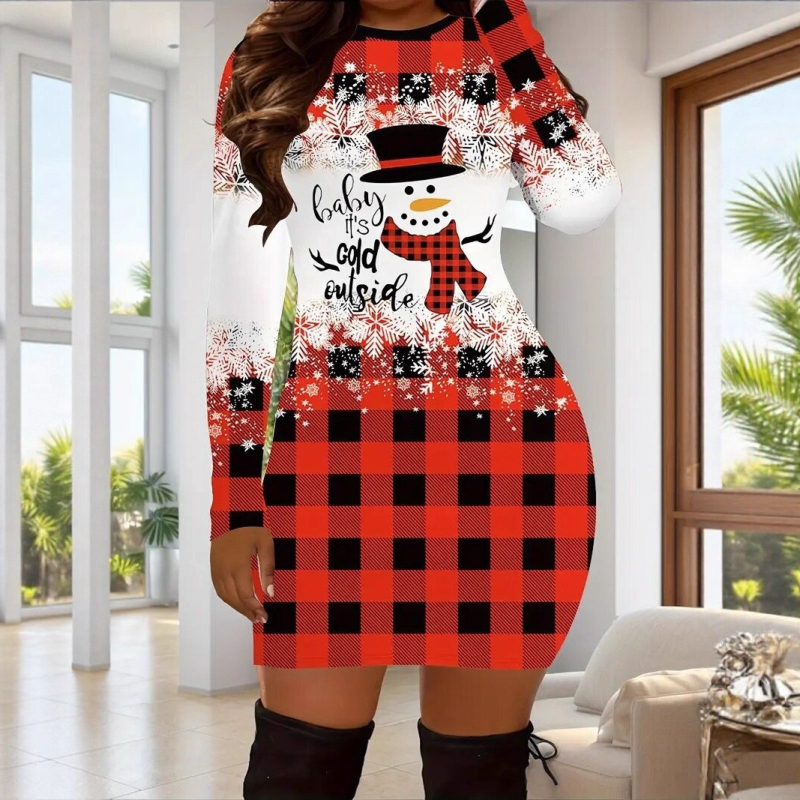 Плетена рокля с коледен принт – прилепнала кройка, дълъг ръкав, кръгло деколте, средна дължина