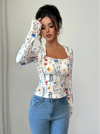 Ženska majica s dugim rukavima, U-izrez, poliester, jednobojna, elegantan gradski stil za svakodnevno nošenje