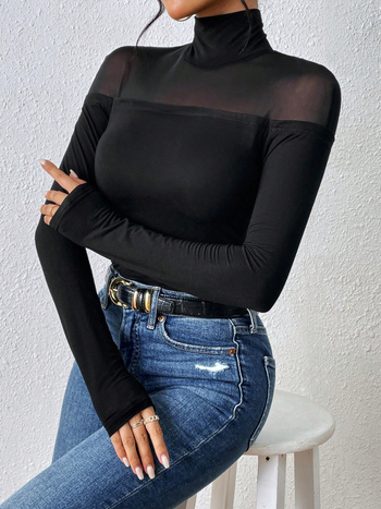 Πολυεστερικό T-shirt με μακριά μανίκια, ημί-ύψος λαιμός, στενή γραμμή, σχέδιο κολάζ/ραφή