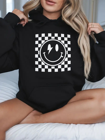 Γυναικείο φούτερ με κουκούλα, εκτύπωση με σχέδιο χαμόγελου σε τετράγωνο, πολυεστέρας 95%+, μακριά μανίκια, χαλαρή γραμμή