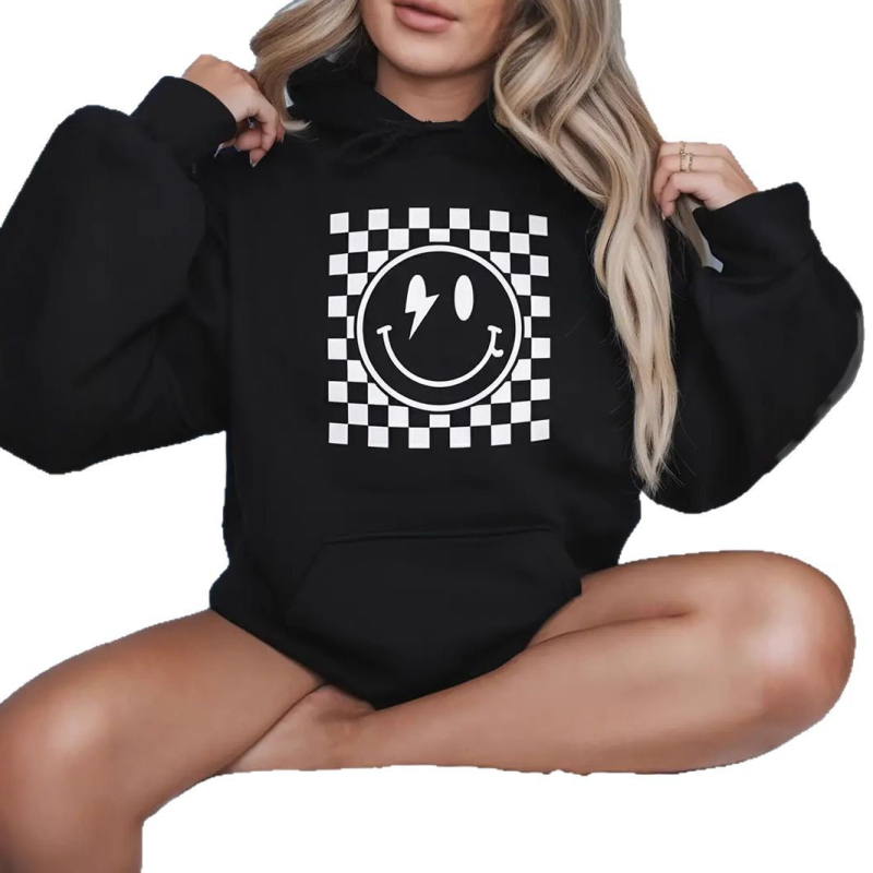 Γυναικείο φούτερ με κουκούλα, εκτύπωση με σχέδιο χαμόγελου σε τετράγωνο, πολυεστέρας 95%+, μακριά μανίκια, χαλαρή γραμμή