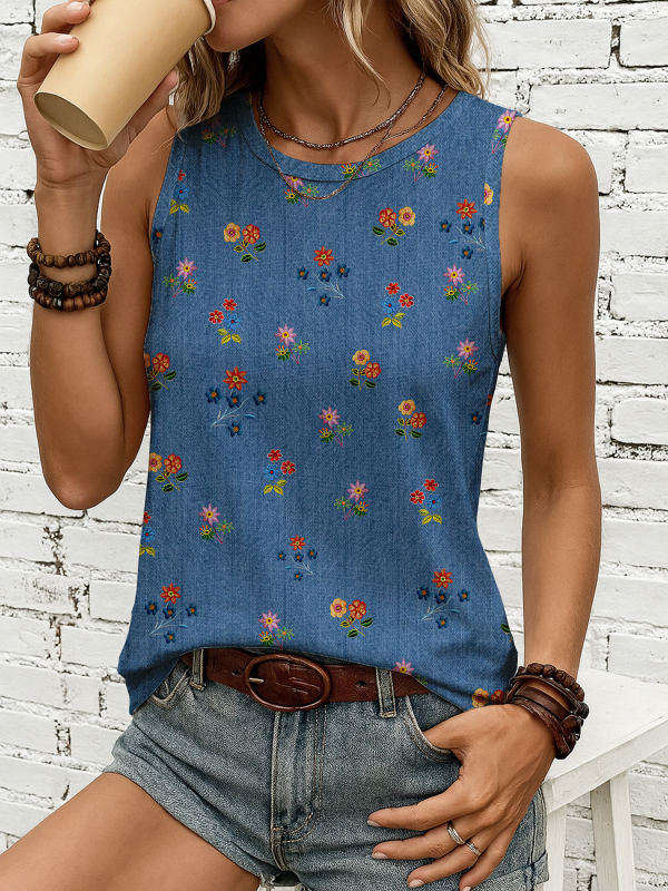 Bez rukávov top z polyesteru, bodkovaný vzor, guľatý výstrih, voľný casual strih