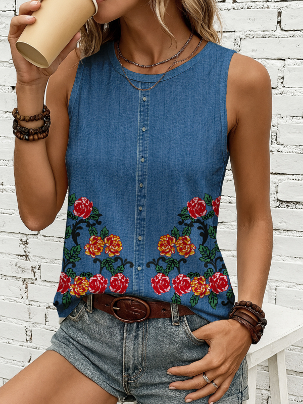 Bez rukávov top z polyesteru, bodkovaný vzor, guľatý výstrih, voľný casual strih