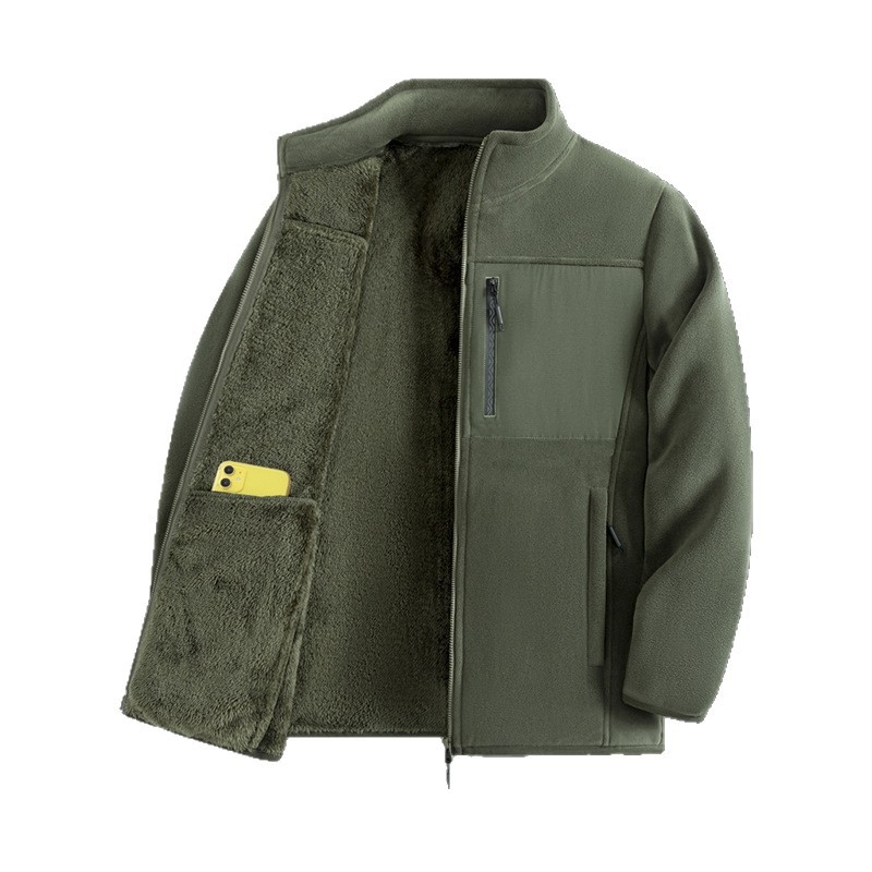 Pánska zimná fleecová bunda so stojacim golierom, zipsom, priliehavý strih, bez kapucne