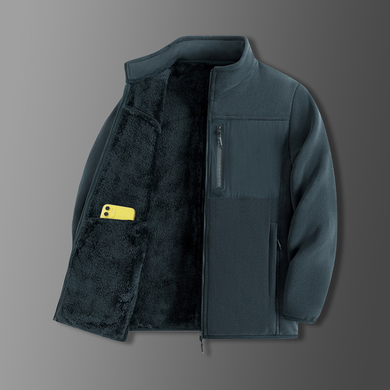 Pánska zimná fleecová bunda so stojacim golierom, zipsom, priliehavý strih, bez kapucne