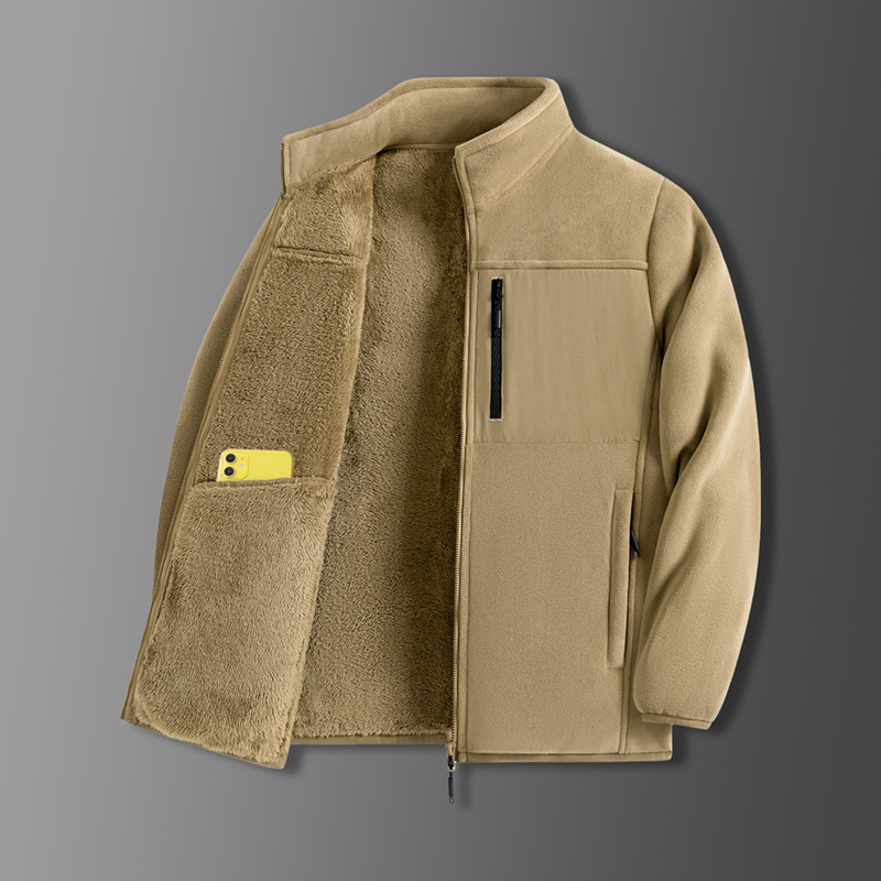Pánska zimná fleecová bunda so stojacim golierom, zipsom, priliehavý strih, bez kapucne
