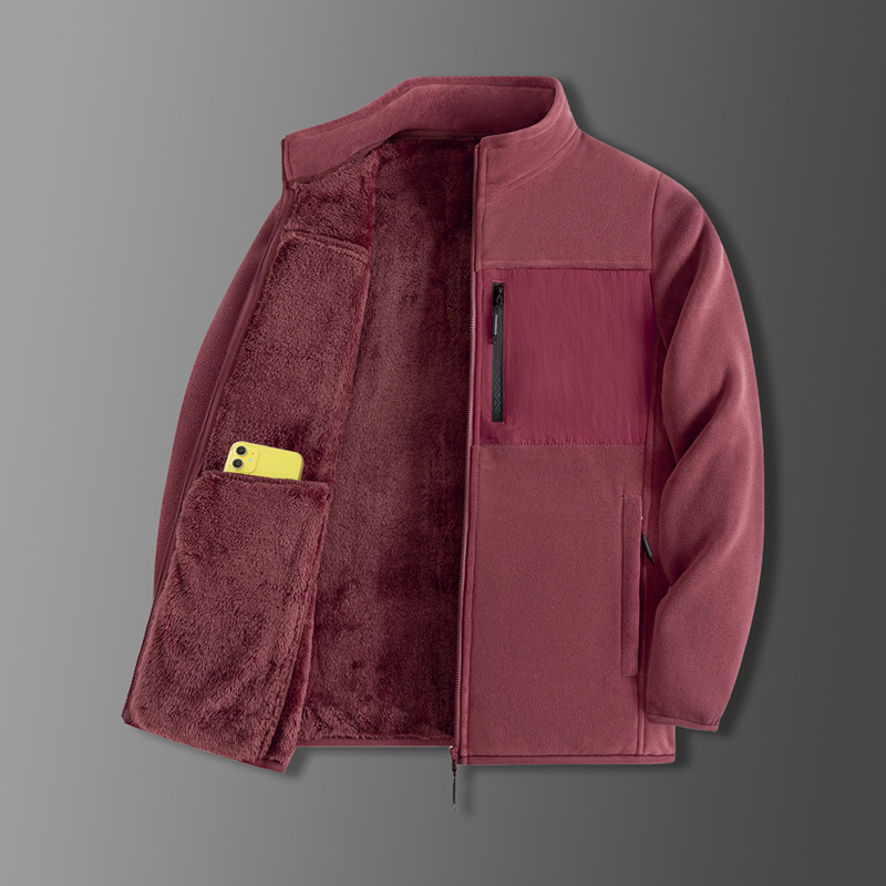 Pánska zimná fleecová bunda so stojacim golierom, zipsom, priliehavý strih, bez kapucne