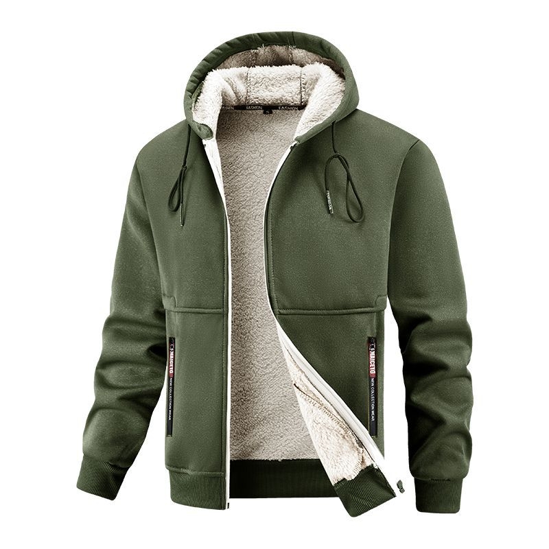 Mužská mikinová bunda s kapucňou, voľný strih, zipsové vrecká, polyesterová tkanina