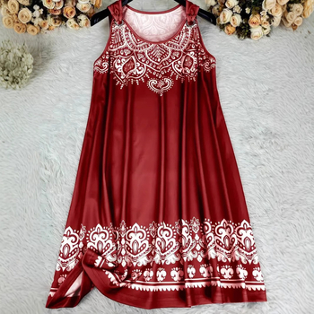 Šaty s 3D digitálnou tlačou v etnickom štýle, bez rukávov, V-krk, stredná dĺžka, voľný strih, polyester