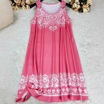 Šaty s 3D digitálnou tlačou v etnickom štýle, bez rukávov, V-krk, stredná dĺžka, voľný strih, polyester