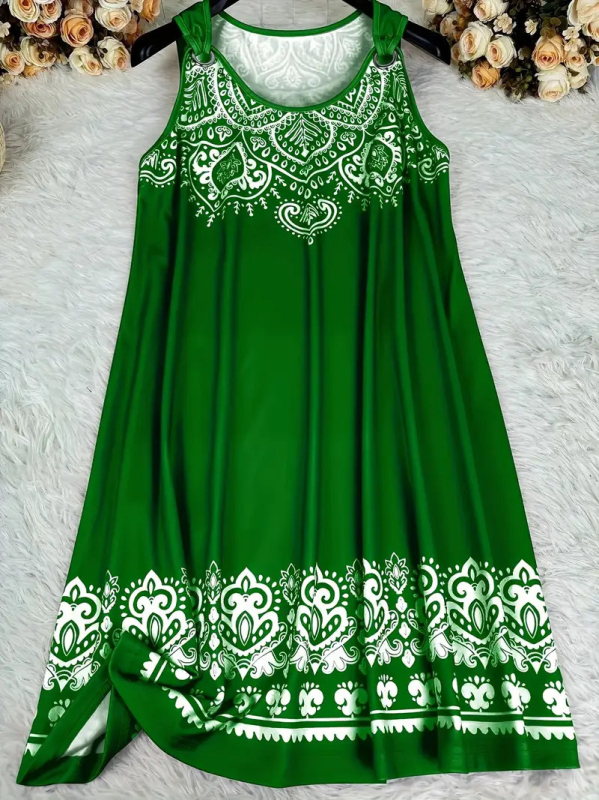 Šaty s 3D digitálnou tlačou v etnickom štýle, bez rukávov, V-krk, stredná dĺžka, voľný strih, polyester