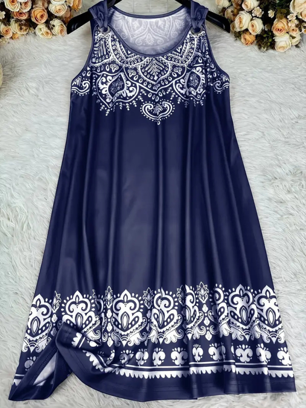 Šaty s 3D digitálnou tlačou v etnickom štýle, bez rukávov, V-krk, stredná dĺžka, voľný strih, polyester