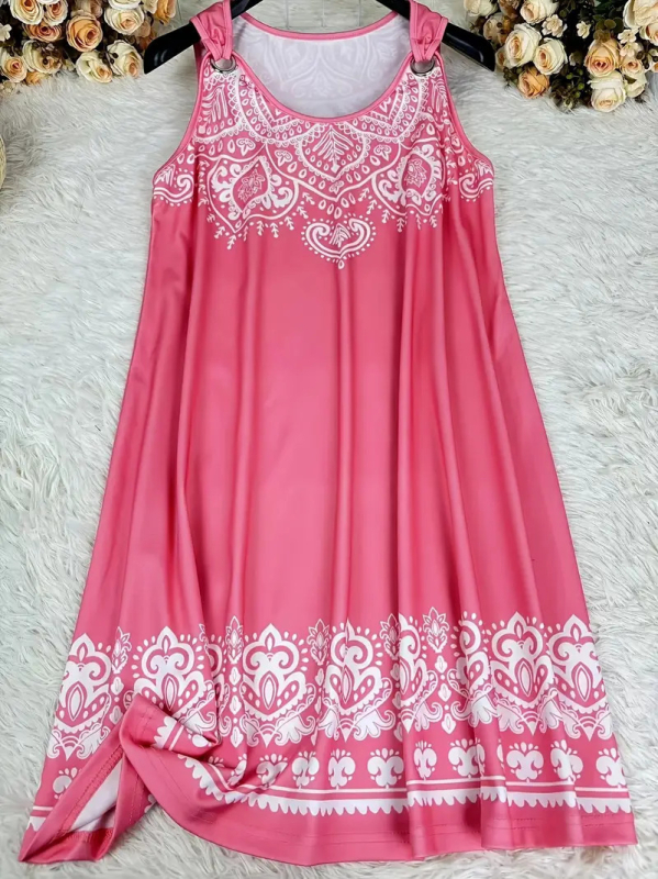 Šaty s 3D digitálnou tlačou v etnickom štýle, bez rukávov, V-krk, stredná dĺžka, voľný strih, polyester