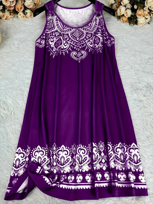 Šaty s 3D digitálnou tlačou v etnickom štýle, bez rukávov, V-krk, stredná dĺžka, voľný strih, polyester