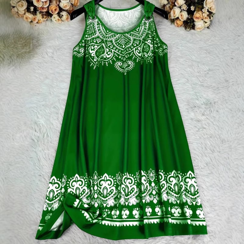 Šaty s 3D digitálnou tlačou v etnickom štýle, bez rukávov, V-krk, stredná dĺžka, voľný strih, polyester