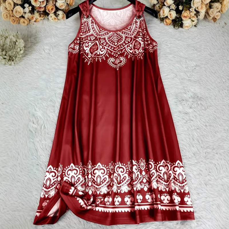 Šaty s 3D digitálnou tlačou v etnickom štýle, bez rukávov, V-krk, stredná dĺžka, voľný strih, polyester