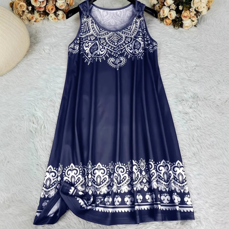Šaty s 3D digitálnou tlačou v etnickom štýle, bez rukávov, V-krk, stredná dĺžka, voľný strih, polyester