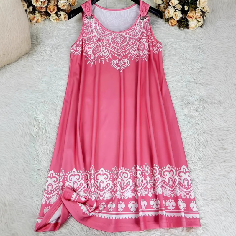 Šaty s 3D digitálnou tlačou v etnickom štýle, bez rukávov, V-krk, stredná dĺžka, voľný strih, polyester