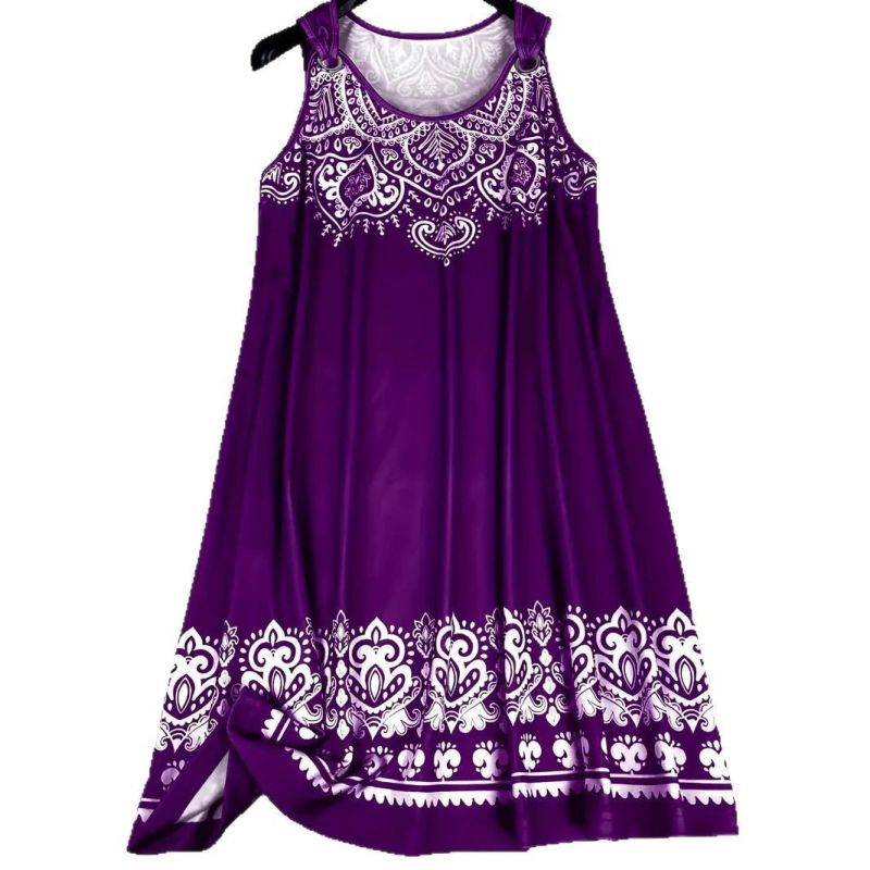 Šaty s 3D digitálnou tlačou v etnickom štýle, bez rukávov, V-krk, stredná dĺžka, voľný strih, polyester