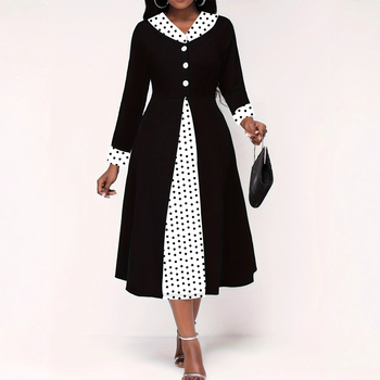 Dámske šaty s V výstrihom, dlhé rukávy, oversize strih, ozdobné gombíky, geometrický digitálny potlač, polyester elastan.