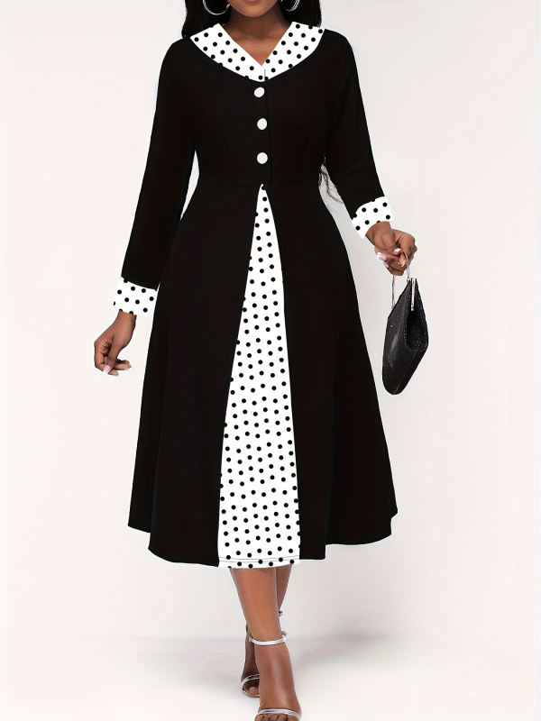 Dámske šaty s V výstrihom, dlhé rukávy, oversize strih, ozdobné gombíky, geometrický digitálny potlač, polyester elastan.