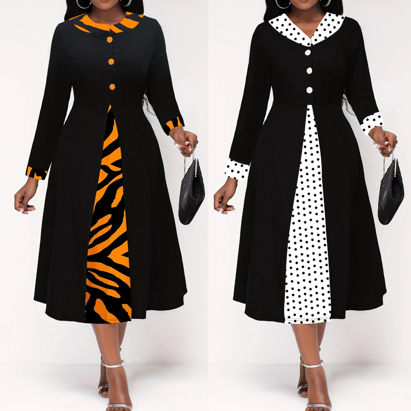 Dámske šaty s V výstrihom, dlhé rukávy, oversize strih, ozdobné gombíky, geometrický digitálny potlač, polyester elastan.