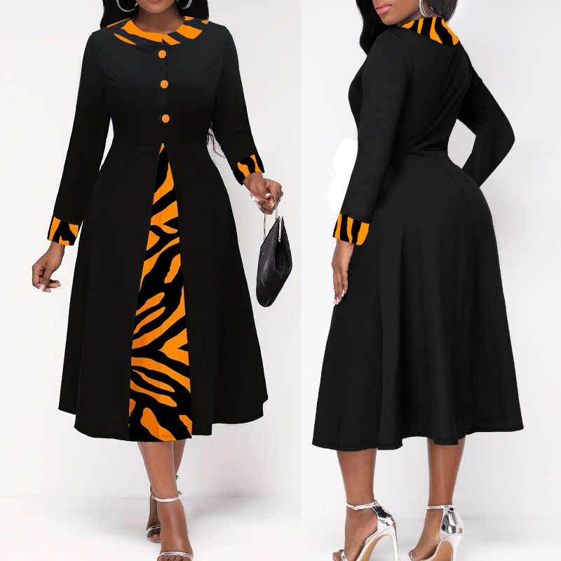 Dámske šaty s V výstrihom, dlhé rukávy, oversize strih, ozdobné gombíky, geometrický digitálny potlač, polyester elastan.