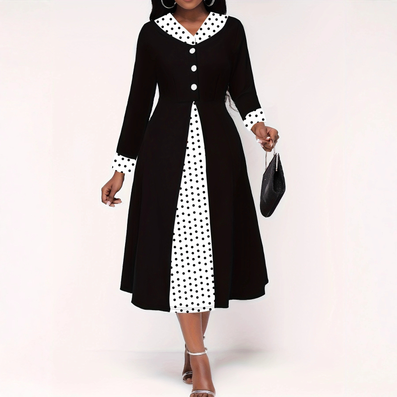 Dámske šaty s V výstrihom, dlhé rukávy, oversize strih, ozdobné gombíky, geometrický digitálny potlač, polyester elastan.