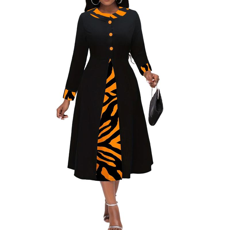 Dámske šaty s V výstrihom, dlhé rukávy, oversize strih, ozdobné gombíky, geometrický digitálny potlač, polyester elastan.