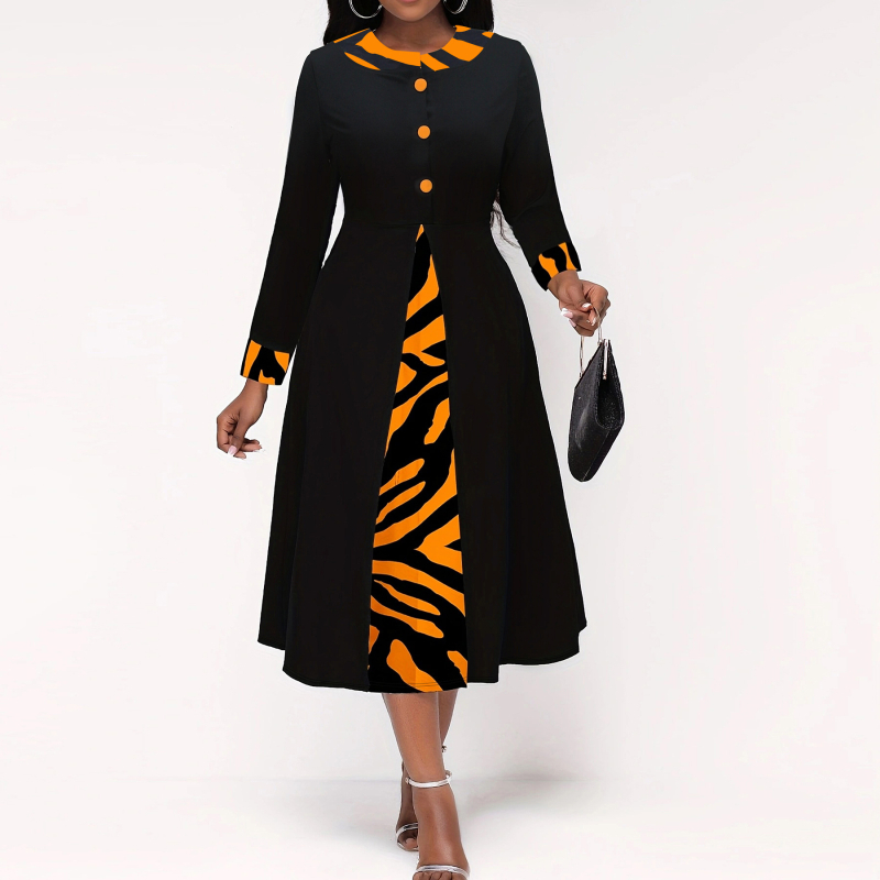 Dámske šaty s V výstrihom, dlhé rukávy, oversize strih, ozdobné gombíky, geometrický digitálny potlač, polyester elastan.