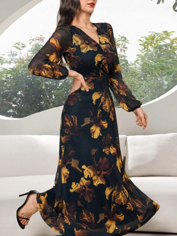 Dlhé šaty A-línie s výstrihom do V, dlhé rukávy, kvetinový vzor, polyester