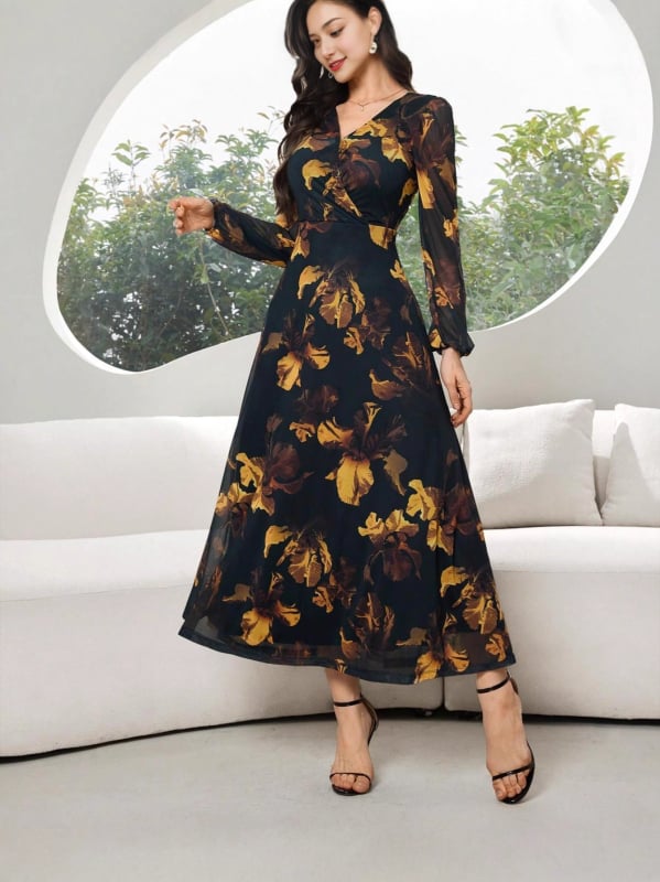 Dlhé šaty A-línie s výstrihom do V, dlhé rukávy, kvetinový vzor, polyester