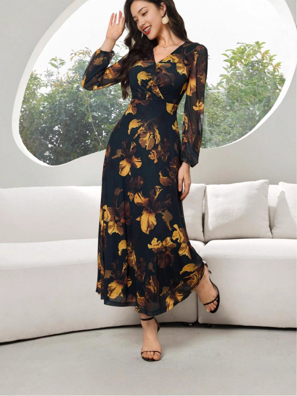 Dlhé šaty A-línie s výstrihom do V, dlhé rukávy, kvetinový vzor, polyester