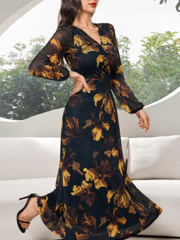 Dlhé šaty A-línie s výstrihom do V, dlhé rukávy, kvetinový vzor, polyester