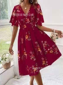 Šaty s kvetinovým vzorom, V výstrihom, rukávy v tvare lupienkov, elastický pás, dlhé šaty A-line