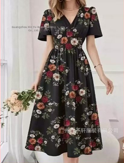 Šaty s kvetinovým vzorom, V výstrihom, rukávy v tvare lupienkov, elastický pás, dlhé šaty A-line