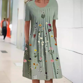Šaty s kvetinovým vzorom, okrúhly výstrih, krátke rukávy, stredná dĺžka so swing strihom, polyester