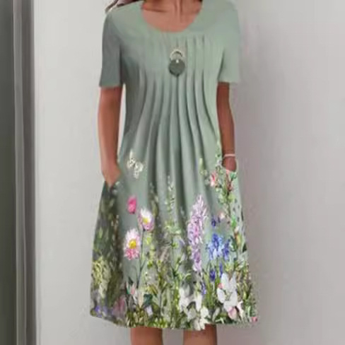 Šaty s kvetinovým vzorom, okrúhly výstrih, krátke rukávy, stredná dĺžka so swing strihom, polyester