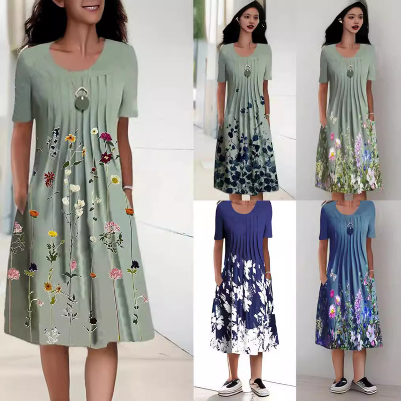 Šaty s kvetinovým vzorom, okrúhly výstrih, krátke rukávy, stredná dĺžka so swing strihom, polyester