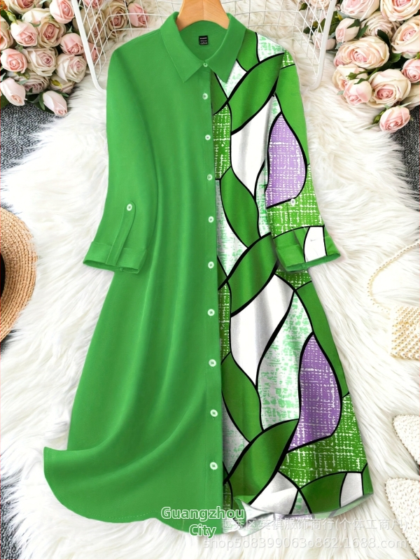 Vytlačené šaty-košeľa s gombíkmi, patchwork sukňa, golier s reverom, polramenné rukávy, polyester-elastan, stredná dĺžka