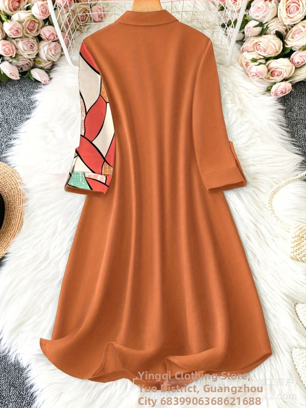 Vytlačené šaty-košeľa s gombíkmi, patchwork sukňa, golier s reverom, polramenné rukávy, polyester-elastan, stredná dĺžka